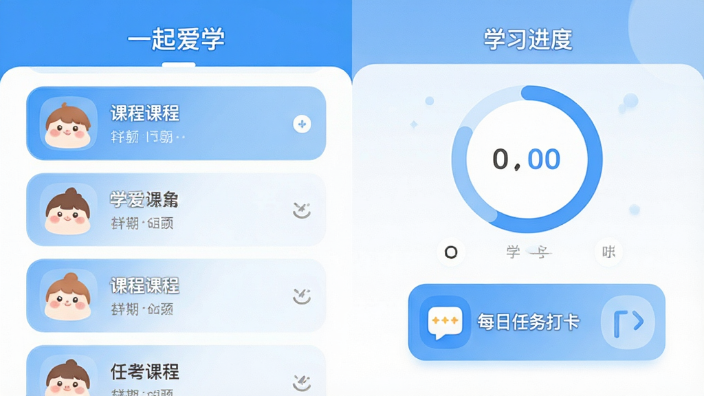一张展示“一起爱学”APP主界面的高清截图,界面包含课程列表、学习进度圆环、每日任务打卡图标,整体风格清新明亮,以蓝色和白色为主色调,图标圆润可爱,布局整齐,画质清晰干净,无多余元素