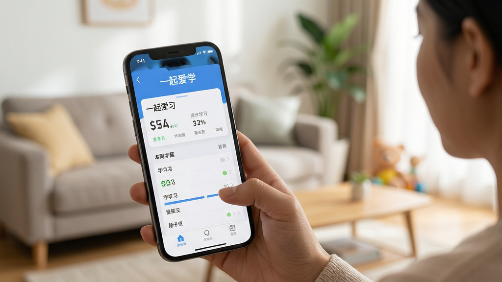 一张手机屏幕显示“一起爱学”APP的学习报告页面,家长正在查看孩子的本周学习数据,背景有模糊的客厅环境,手机屏幕清晰可见,构图自然,画质高清,光线明亮