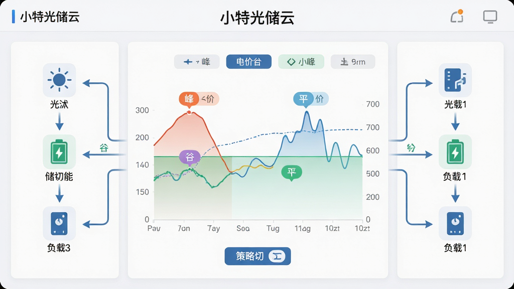 画面主体为“小特光储云”智能策略调度页面,中央为时间轴与电价折线图,两侧分布光伏、储能、负载三个设备图标,以箭头连接表示能量流动方向,背景为浅灰白色商务风格,布局规整,细节包含“峰”“谷”“平”时段标签与策略切换按钮,画质简洁干净,无多余元素,文字标注“小特光储云”