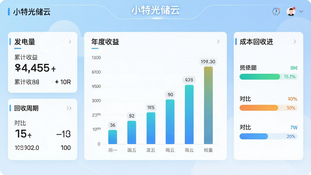 画面主体为“小特光储云”收益分析报表界面,页面中央为年度收益柱状增长图,左侧为发电量统计卡片,右侧为成本回收进度条,背景采用浅蓝色渐变商务风格,布局均衡,细节包含“累计收益”“回收周期”“对比”数据标签,画质明亮干净,无多余元素,文字标注“小特光储云”