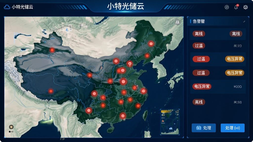 画面主体为“小特光储云”远程运维告警界面,中央为电站地图分布与告警红点标记,右侧为告警列表与处理按钮,背景为深蓝色科技风格,布局紧凑,细节包含“离线”“过温”“电压异常”告警标签,画质清晰干净,无多余元素,文字标注“小特光储云”
