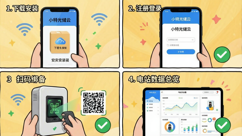 画面主体为“小特光储云”手机应用安装与使用流程示意图,分为四格漫画风格,第一格为手机下载安装包,第二格为注册登录界面,第三格为扫码绑定设备,第四格为电站数据总览,背景为浅黄色暖色调,布局清晰活泼,细节包含Wi-Fi图标、二维码、绿色对勾等元素,画质干净无多余元素,文字标注“小特光储云”