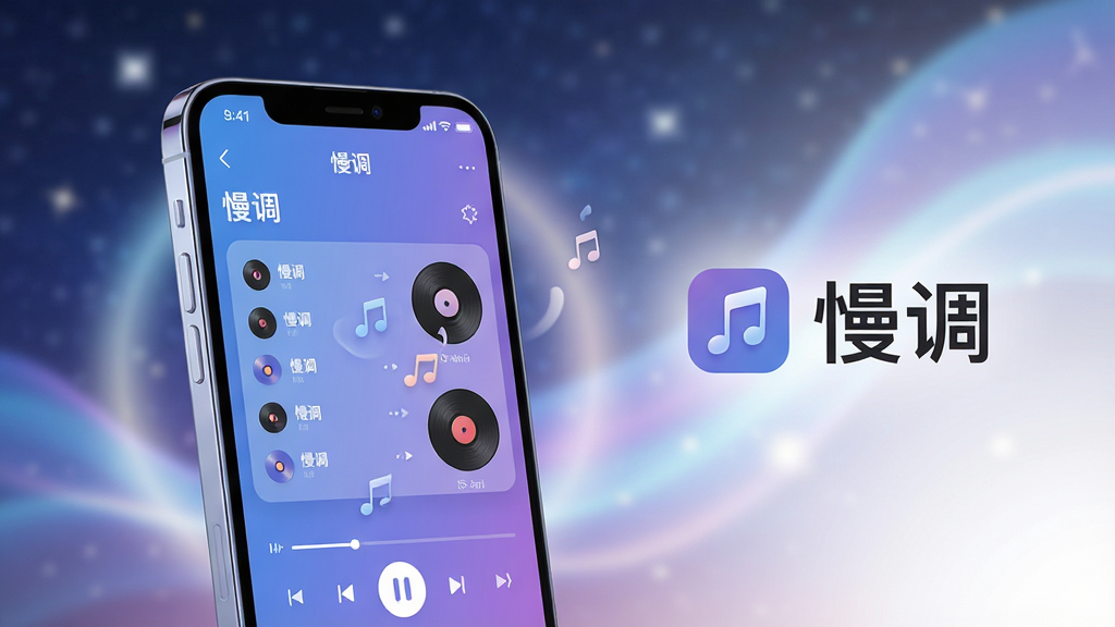 主体为一部正在播放音乐的智能手机,屏幕显示“慢调”APP界面,界面以渐变蓝紫色为主,背景是模糊的星空与流动的光晕。布局:手机位于画面中央偏左,右侧留白用于摆放文字“慢调”及其logo。排版:手机屏幕正面展示,界面简洁,播放列表与唱片图案清晰可见。风格:现代扁平结合微拟物,柔和光影,整体氛围宁静治愈。细节:手机边缘有细微反光,屏幕中显示音符漂浮特效。画质:8K超清,干净,无多余元素。