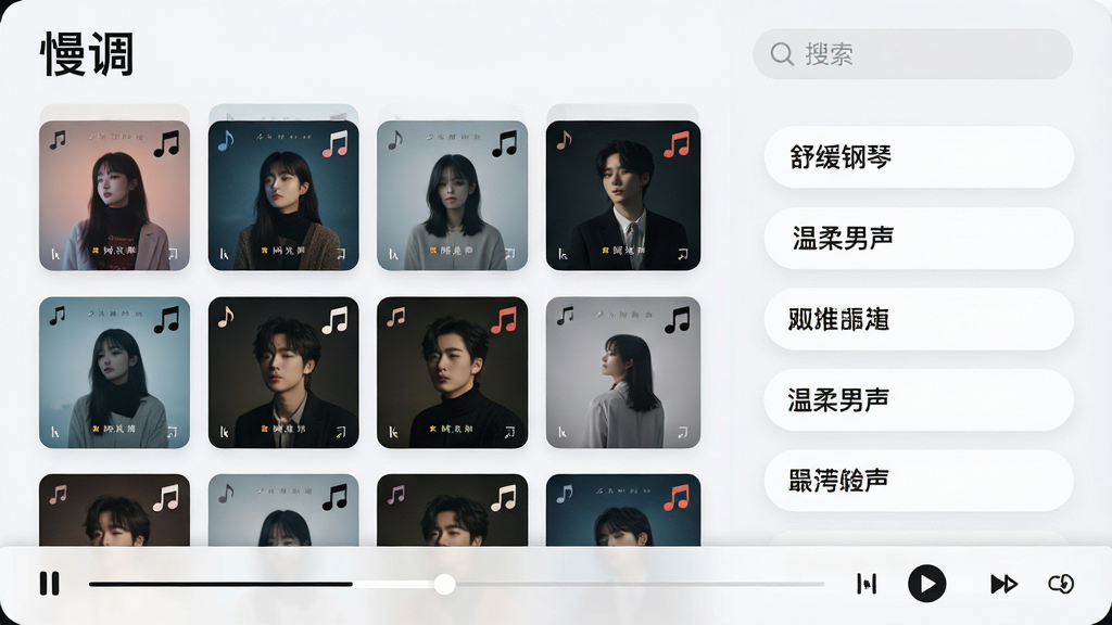 主体为“慢调”APP的智能推荐界面截图,左侧是歌曲封面拼贴墙,右侧是推荐理由标签。布局:左右分栏,左侧封面墙呈瀑布流排列,右侧标签竖向排列。排版:界面顶部有“慢调”字样与搜索框,中间是推荐列表,下方是播放控制条。风格:清新简约,圆角卡片设计,背景为浅灰白色。细节:封面墙上每张封面都有小音符角标,推荐理由标签如“舒缓钢琴”“温柔男声”等。画质:高清,干净,无多余元素。