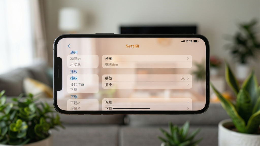 主体为一部手机横屏显示慢调APP的“设置”界面,背景是模糊的客厅环境。布局:手机居中,屏幕内显示设置选项列表。排版:设置界面有“通用”、“播放”、“下载”等分类,每个分类下有若干选项。风格:写实摄影风格,光线柔和。细节:手机屏幕反射出暖光,周围有绿植点缀。画质:高清,干净,无多余元素。