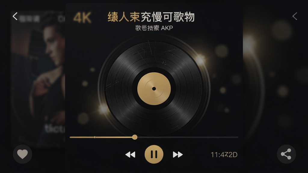 主体为慢调APP播放页面,背景是模糊的专辑封面,中央是旋转的唱片动画。布局:全屏沉浸式,上方是歌名与歌手,中间是唱片,下方是控制按钮。排版:唱片下方有进度条与时间显示,左右两侧有收藏与分享按钮。风格:极简主义,暗色调背景,金色与白色文字。细节:唱片上有细微的划痕纹理,背景光斑缓缓移动。画质:4K,干净,无多余元素。