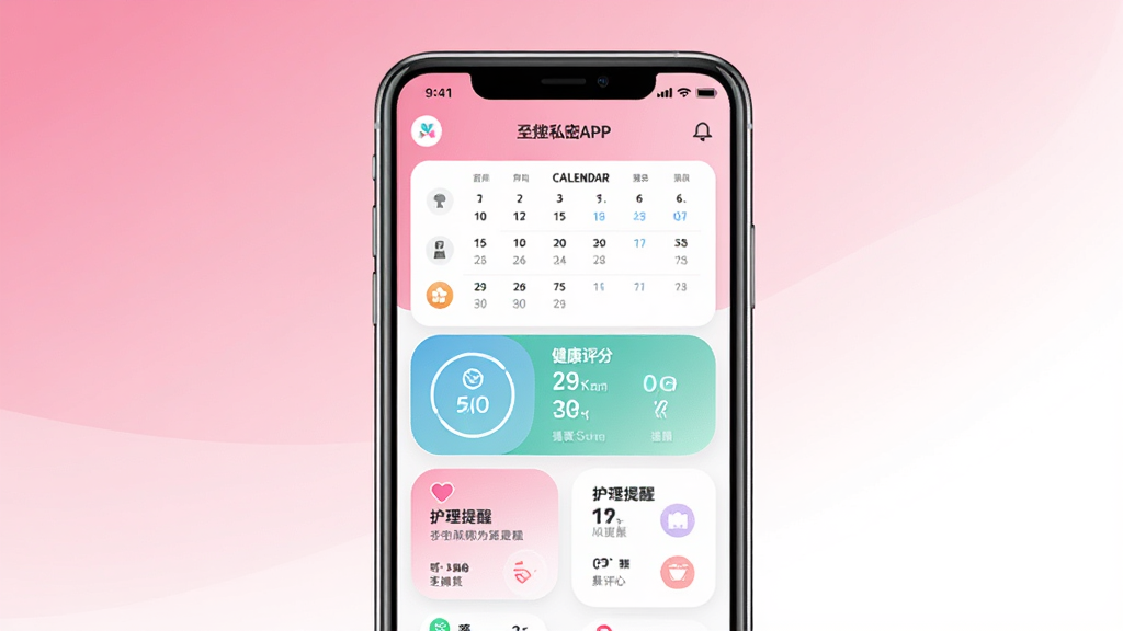 女生私密APP的主界面预览图,整体采用粉色与白色渐变背景,界面中央是一部手机模型,屏幕中显示经期日历、健康评分、护理提醒等核心功能卡片,风格清新简洁,扁平化设计,细节丰富,画质干净,无多余元素