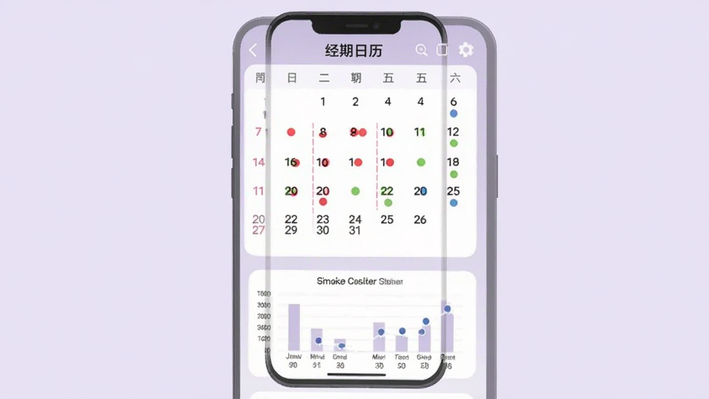 女生私密APP的经期日历功能界面,手机屏幕中展示一个月视图日历,日期上标记有红色圆点代表经期,绿色圆点代表排卵期,蓝色圆点代表安全期,下方有数据统计图表,背景为淡紫色,界面整洁,扁平化风格,画质干净,无多余元素