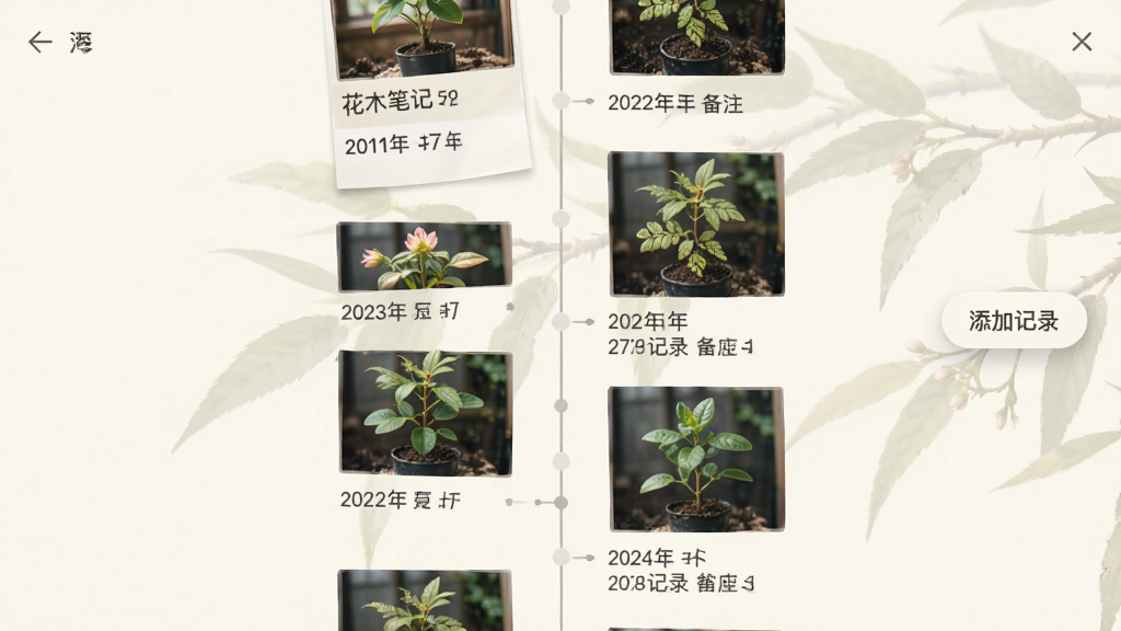 花木笔记生长记录时间轴界面截图,屏幕上以垂直时间线形式展示不同日期的植物照片,每张照片下方有日期和备注文字,背景是淡雅的米白色,界面右侧有“添加记录”的悬浮按钮,整体风格简约,排版整齐,细节真实,画质干净,无多余元素