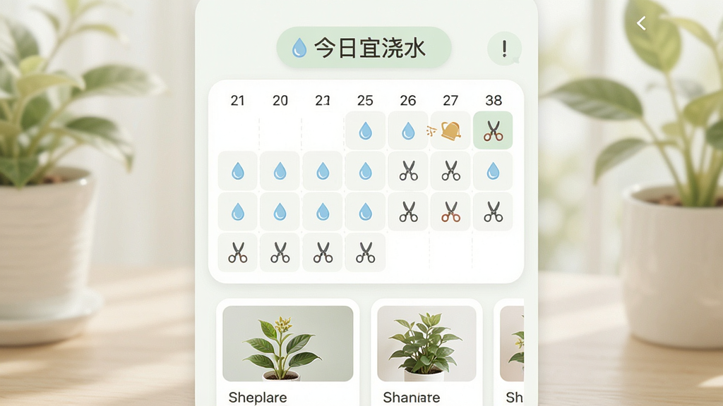 花木笔记养护提醒功能预览图,画面中央是一个日历界面,日期格子上有水滴和剪刀的小图标,顶部有“今日宜浇水”的文字提示,下方是植物卡片列表,整体色调柔和,界面明亮,布局清晰,排版舒适,细节丰富,画质干净,无多余元素