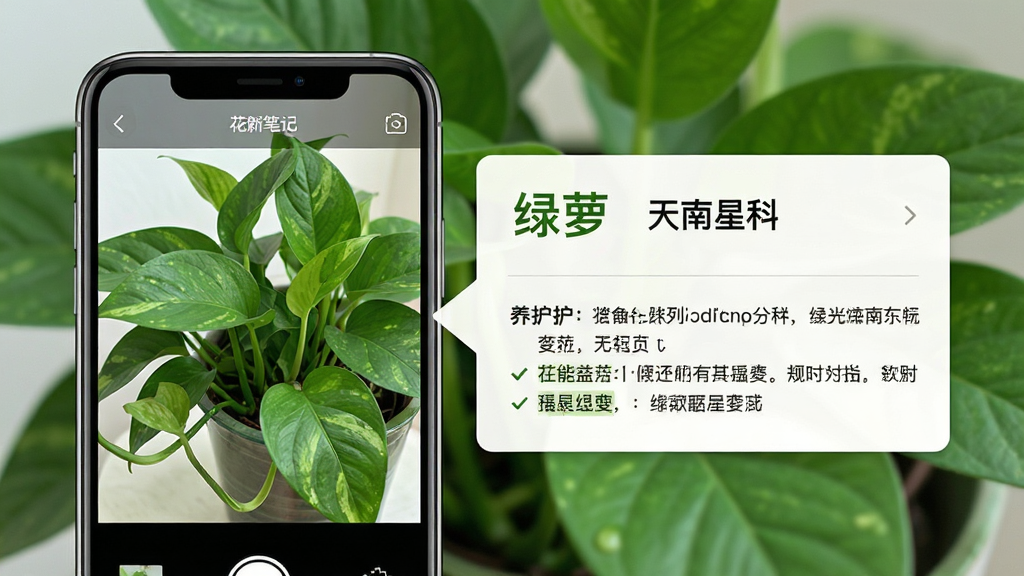 花木笔记软件功能展示图,画面左侧是一部手机,屏幕中显示拍摄的一株绿萝,右侧弹出识别结果卡片,显示“绿萝 天南星科”以及养护小贴士,背景是虚化的绿色植物叶片,整体色调清新自然,布局左右分明,排版整洁,细节丰富,画质干净,无多余元素
