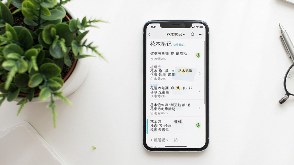 一张展示花木笔记软件在手机上运行的效果图,手机屏幕中显示笔记列表,旁边有绿植装饰,背景为白色桌面,整体风格干净明亮,布局合理,排版清晰,细节丰富,画质干净,无多余元素