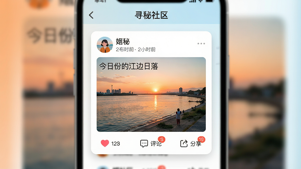 主体:“寻秘”社区互动界面,展示一张用户发布的图文动态卡片,配文“今日份的江边日落”,下方有爱心、评论、转发图标。布局:卡片居中,背景为虚化处理的手机界面,顶部有“寻秘社区”栏。排版:卡片内的文字与图片错落有致,图标排列整齐。风格:清新自然,色调柔和,以暖橙色与淡蓝色为主。细节:卡片上显示用户头像、昵称、发布时间,图片是江边日落实拍,图标有数字标红。画质:高清写实,无多余杂物。