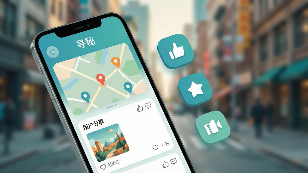 主体:一款名为“寻秘”的智能手机应用界面,屏幕中展示着探索地图与用户分享的图文动态,背景是模糊的城市街景。布局:手机位于画面中央偏左,右侧悬浮着几个功能图标,整体呈对角线构图。排版:界面简洁清晰,卡片式信息流排列,图标圆润。风格:现代扁平化设计,色彩明亮温暖,以蓝绿色为主色调。细节:屏幕中隐约可见“寻秘”字样,地图上有兴趣点标记,动态卡片包含图片和点赞评论图标。画质:高清渲染,干净无多余元素。