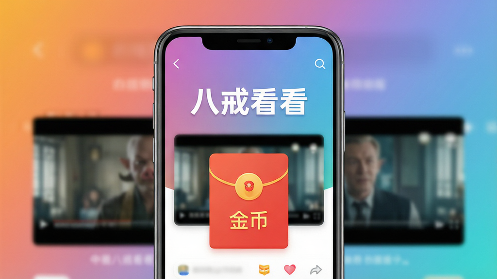主体:手机屏幕展示八戒看看APP界面,界面内有“八戒看看”字样和红包图标;布局:手机居中,屏幕内容清晰可见,背景为渐变色;排版:简洁大方,突出APP名称和红包元素;风格:现代扁平化设计,色彩明快;细节:红包上写有“金币”字样,视频画面为模糊的影视截图;画质:超高清,干净,无多余元素
