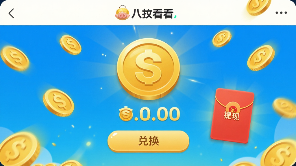 主体:八戒看看APP的金币兑换界面,显示金币数量和红包图标;布局:界面居中,金币图标放大展示;排版:清晰展示金币数字和兑换按钮;风格:明亮简洁,突出奖励元素;细节:红包上写“提现”字样,背景有金币飘落效果;画质:高清,干净,无多余元素