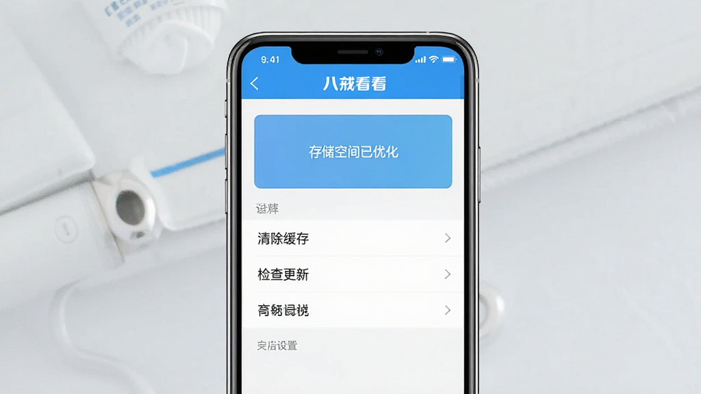 主体:手机界面显示八戒看看APP的设置页面,包含“清除缓存”、“检查更新”等选项;布局:手机居中,界面内容清晰;排版:简洁明了;风格:清爽的蓝色调;细节:屏幕上显示“存储空间已优化”的提示;画质:高清,干净,无多余元素