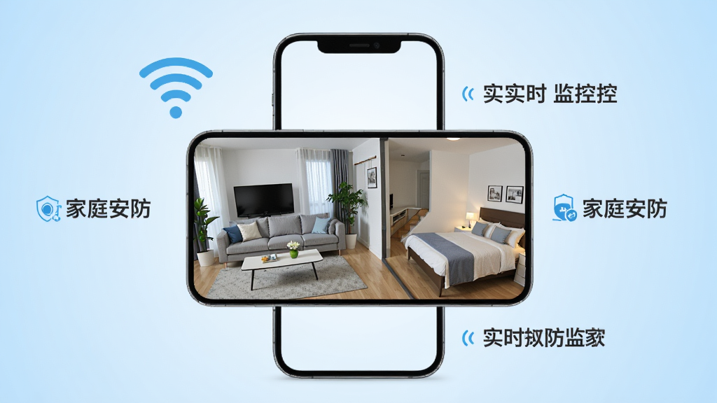 画面中心是一部智能手机,屏幕中显示清晰的室内监控画面,画面里有客厅和卧室的布局。手机周围悬浮着Wi-Fi信号图标、实时监控、家庭安防等字样。整体风格简洁现代,背景为浅蓝色渐变,突出远程看家的科技感与便利性。排版以手机为主体,四周留白,画质高清,干净无多余元素。