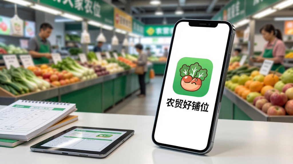 画面主体为一部智能手机,屏幕正中央清晰显示“农贸好铺位”APP的卡通图标和名称,手机斜放在一个整洁的现代农贸市场摊位前,背景是虚化的蔬菜水果摊位和忙碌的商户。布局上手机占据画面中心偏右,左侧留有空间放置几本账簿和一台平板电脑。整体风格写实明亮,细节丰富,强调软件与农贸市场的紧密关联,画质高清干净,无多余元素。