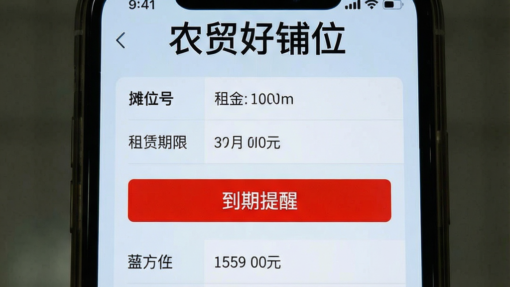 一张手机截图风格的图片,顶部显示“农贸好铺位”字样,界面展示一份电子租赁合同的详情页面,包含摊位号、租金金额、租赁期限等关键字段。布局以列表形式清晰排列,背景为淡蓝色商务风格。画面风格简洁明了,细节包括醒目的“到期提醒”红色按钮,画质干净,无多余元素。