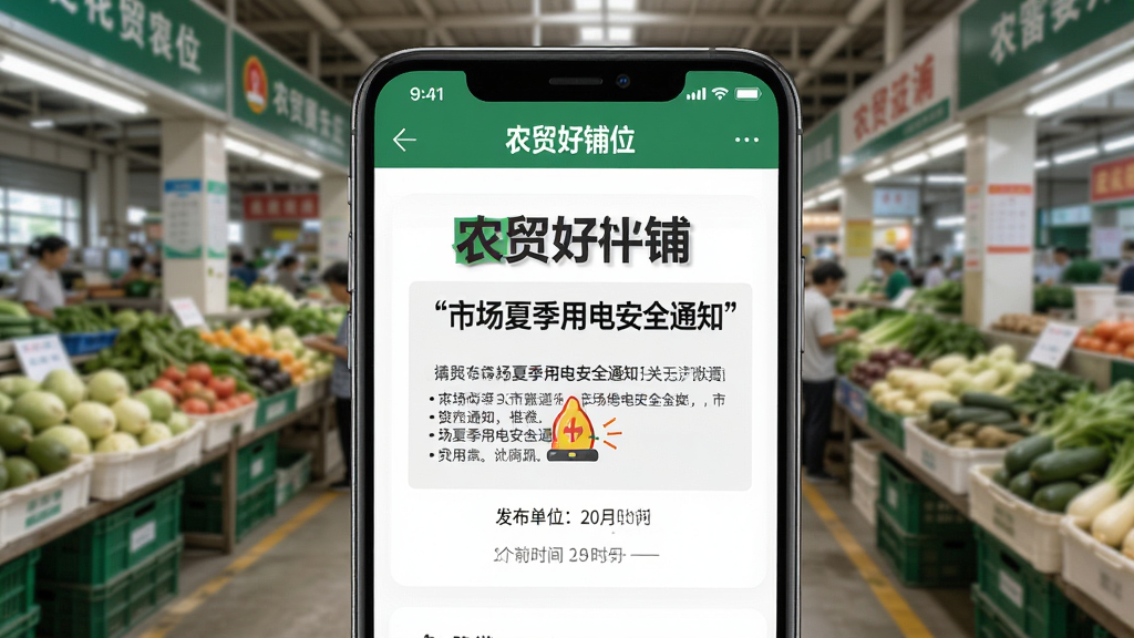 手机界面展示“农贸好铺位”的公告栏页面,配图是一则关于“市场夏季用电安全通知”的公告。图片布局上,公告标题醒目,下方有发布单位和时间,界面风格简洁,背景是市场公共区域的照片。整体画面干净,文字清晰,画质高清。