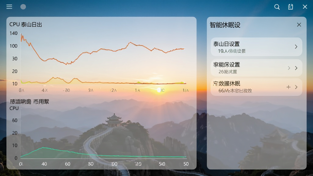 泰山日出屏幕保护资源占用图表界面,左侧为CPU与内存占用率曲线,数值极低,右侧为智能休眠设置选项,界面简洁清晰,风格科技感,布局合理,细节丰富,画质高清,干净,无多余元素。