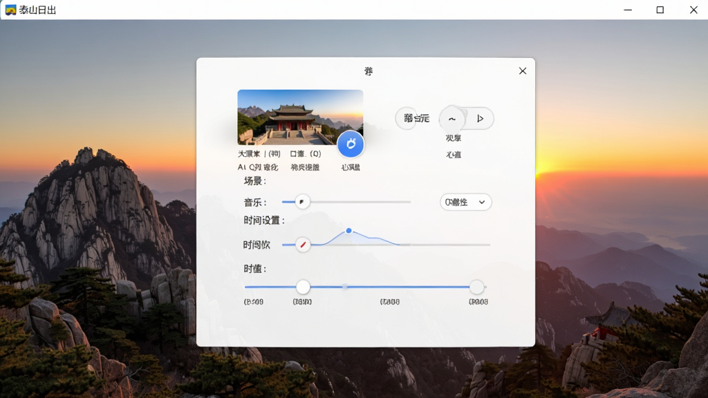 泰山日出屏幕保护设置界面截图,画面显示设置面板,包含场景选择、音乐设置、时间轴调节等选项,背景为泰山日出实景,整体布局清晰,风格简洁,细节丰富,画质高清,干净,无多余元素。