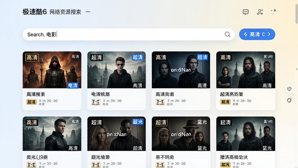 极速酷6网络资源搜索界面,搜索框内输入电影名称,下方展示多个搜索结果卡片,每个卡片显示清晰度标签如高清、超清、蓝光,背景为浅色渐变,界面布局整齐,风格简约现代,细节丰富,画质干净。