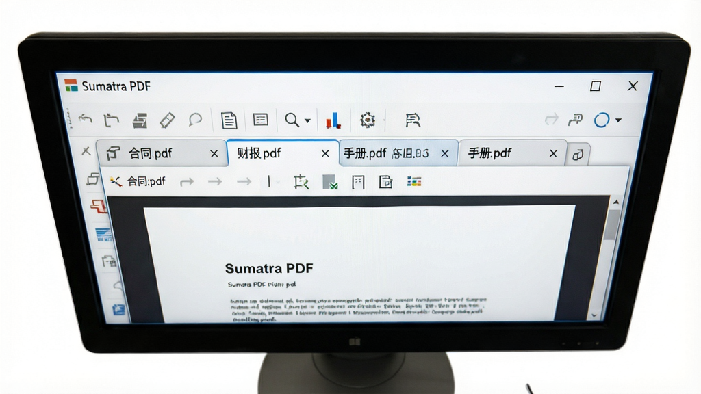 主体:电脑屏幕显示Sumatra PDF软件窗口,顶部有多个标签页,每个标签页显示不同文档的缩略标题,当前激活的标签页高亮显示。布局:屏幕占据画面中央,标签页清晰可见。排版:俯视角度,突出标签栏。风格:界面截图风格,白底黑色文字。细节:标签页上分别显示“合同.pdf”、“财报.pdf”、“手册.pdf”等。画质:清晰锐利,无多余元素。