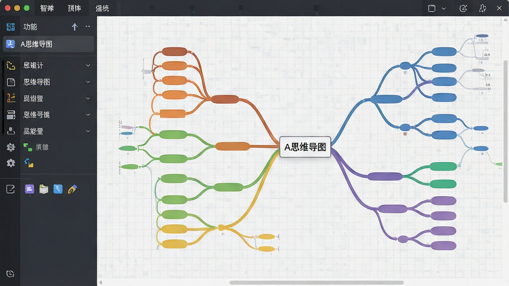 A思维导图软件功能预览图,界面左侧为功能面板,右侧画布上展示一张由中心主题