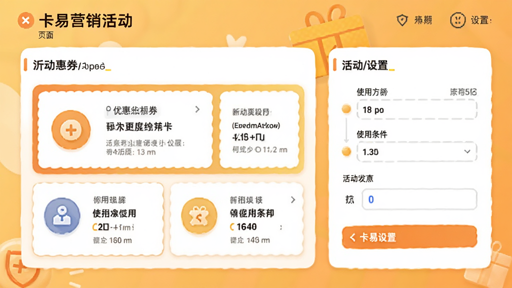 一卡易营销活动创建页面,展示优惠券模板样式与活动设置选项,包括折扣力度、使用条件、有效期等,背景为暖色调,界面元素采用卡片式布局,图标清晰,文字标签醒目,整体风格活泼但不失专业,画质干净,突出活动配置的灵活性与可视化。