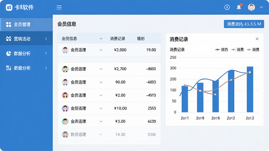 一卡易软件主界面展示,左侧功能导航栏清晰列出会员管理、营销活动、数据分析等模块,中央区域显示会员信息列表与消费记录图表,整体布局简洁明快,采用蓝白配色,扁平化设计风格,界面干净无多余元素,画质清晰,突出软件的专业性与易用性。