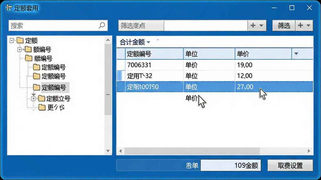 主体:软件界面中定额套用窗口特写,左侧是定额树形目录,右侧是已套用定额的清单行;布局:界面全屏展示,窗口边框高亮,鼠标指针悬停在某条定额上;排版:清晰的分栏结构,上方有搜索框和筛选按钮,下方有合计金额栏;风格:商务简洁风格,蓝色系为主,表格线条清晰;细节:数据显示“定额编号”、“单位”、“单价”等列,右下角有“取费设置”按钮;画质:高分辨率,界面锐利,干净无多余元素。