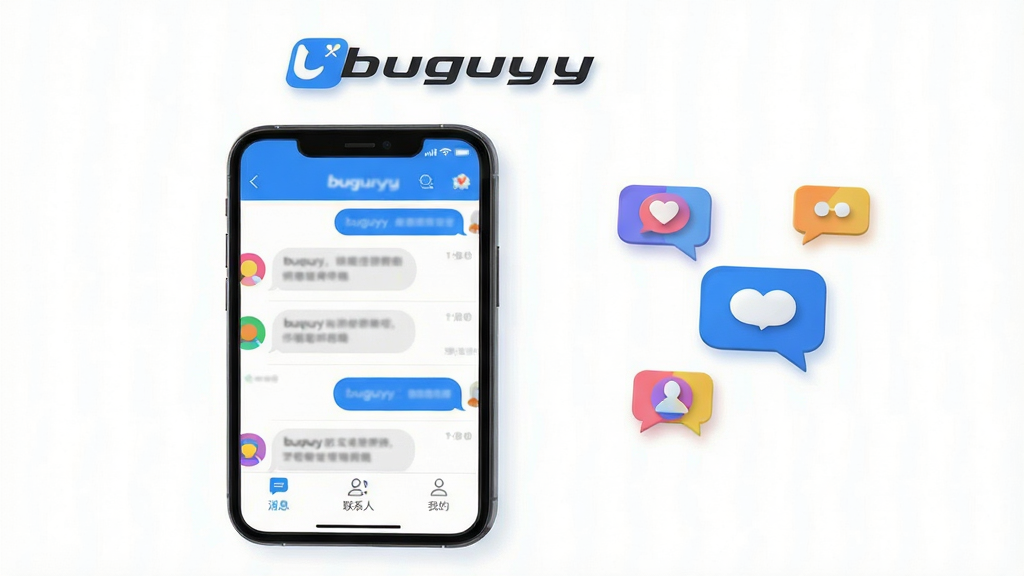主体:一款名为“buguyy”的智能手机聊天应用界面,手机屏幕占据画面中心,界面显示简洁的对话列表和消息气泡。布局:手机位于画面中央偏左,右侧留白处悬浮着几个社交对话气泡图标,整体排版均衡,留有呼吸空间。排版:采用上下结构,上方是应用名称“buguyy”的logo和文字,下方是手机界面预览,界面中清晰显示“消息”、“联系人”、“我的”三个底部标签。风格:现代扁平化设计风格,配色以蓝色和白色为主,整体色调清新明快,符合社交应用的亲和力。细节:屏幕中的对话气泡有文字模糊效果,暗示聊天内容,头像使用彩色圆形占位图,底部导航图标清晰可辨。画质:超高清8K渲染,画面干净,无多余元素,无文字乱码。