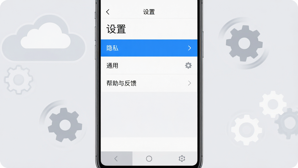 主体:一部智能手机竖屏显示buguyy应用的“设置”界面,屏幕上清晰展示“隐私”、“通用”、“帮助与反馈”等菜单项。布局:手机屏幕占画面三分之二,背景为柔和的浅灰色,周围有简单的云朵和齿轮图标点缀。排版:屏幕中央显示设置列表,顶部有“设置”标题,底部有三个虚拟导航键。风格:简洁的UI设计风格,蓝色高亮选中菜单,白色背景,整体清爽。细节:屏幕中的文字清晰可读,齿轮图标在背景中缓慢旋转,画面干净无多余元素。画质:4K超清,细节丰富,色彩自然。