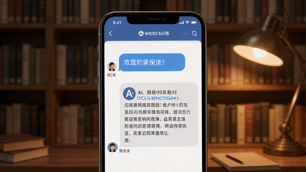 WitCEO AI问答界面,手机屏幕显示对话框,用户输入问题,AI生成详细回答,背景为书房书架,暖色灯光,界面友好,文字排版清晰,画质细腻,干净无多余元素