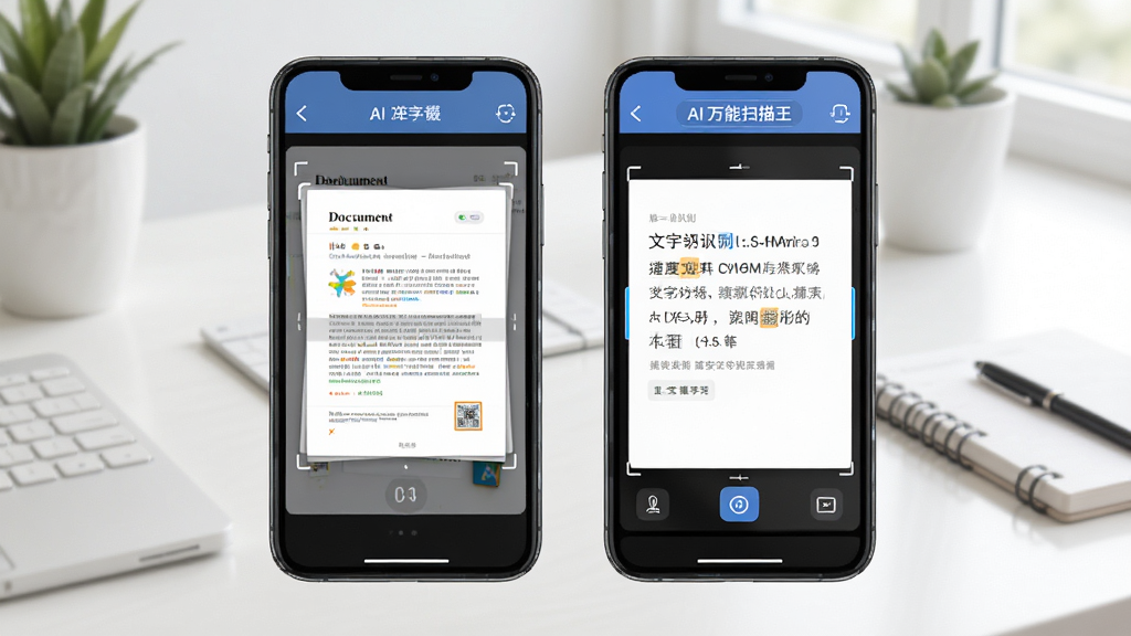 AI万能扫描王主界面展示,手机屏幕显示扫描文档和文字识别结果,背景为简洁的办公桌面,整体风格清新明亮,界面布局清晰,细节丰富,画质干净无多余元素