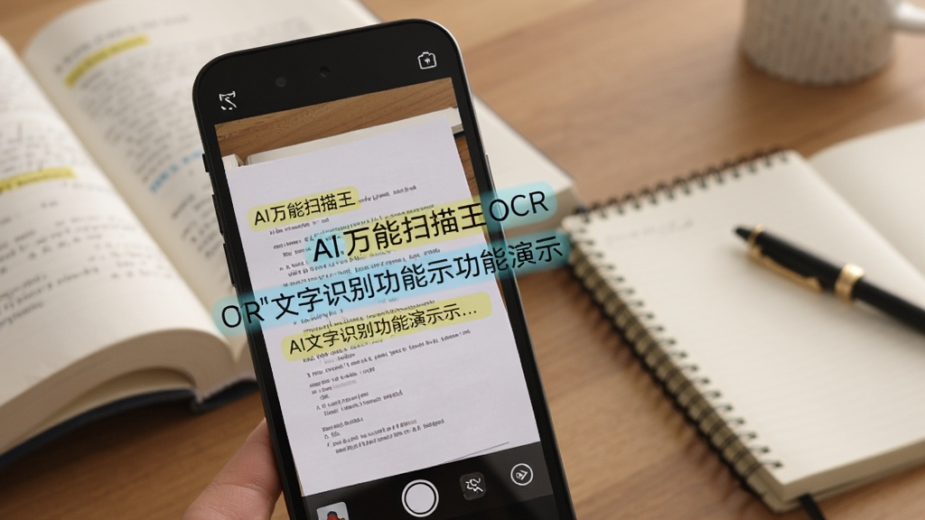 AI万能扫描王OCR文字识别功能演示,手机扫描纸质文档,屏幕上显示识别出的文字,周围有文字高亮效果,背景为书籍和笔记本,画面专业,画质干净