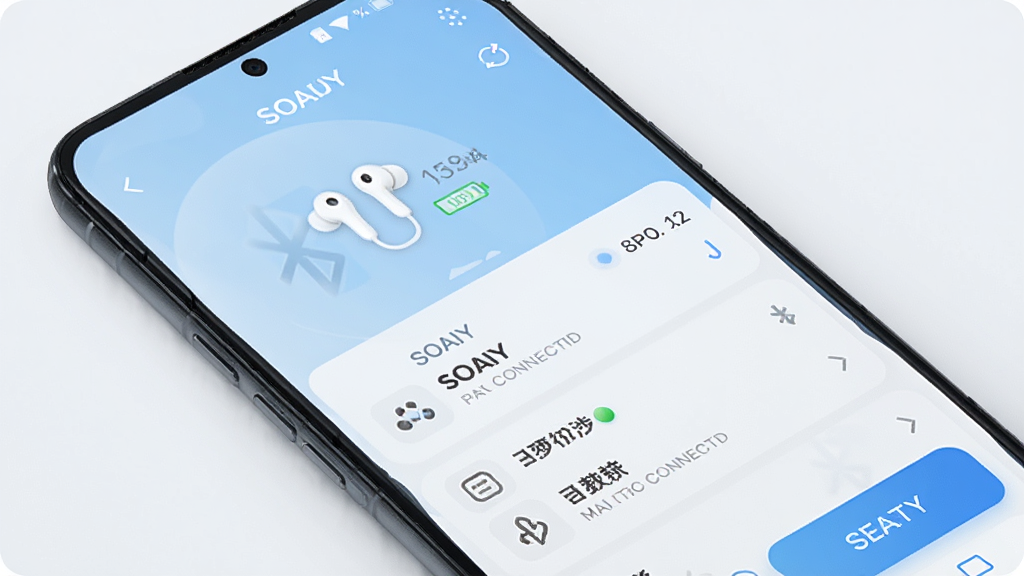 主体为一部智能手机屏幕显示SOAIY应用主界面,界面中清晰展示已连接的蓝牙耳机图标和电量信息,背景为淡蓝色渐变,整体布局简洁大方,排版以列表形式呈现设备状态与快捷设置按钮,风格现代科技感,细节包括耳机型号文字