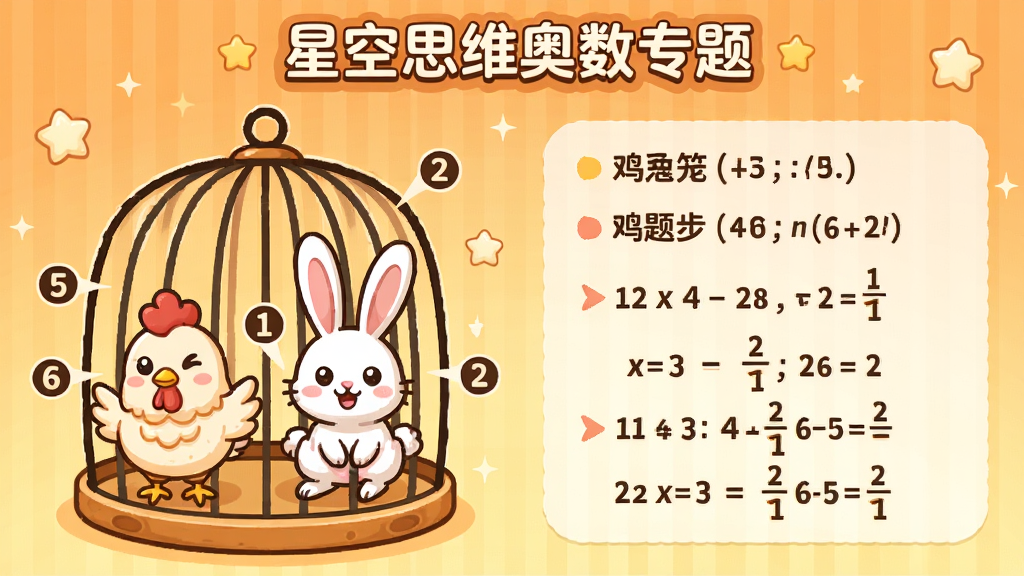 星空思维奥数专题页面,展示鸡兔同笼问题的动态图解,笼子里有卡通鸡和兔,旁边是解题步骤和公式,画面用暖色调,风格卡通,布局生动,细节有数字标注,画质清晰,干净,无多余元素