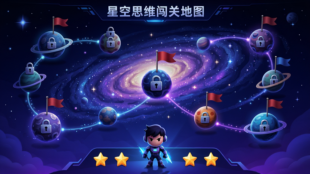 星空思维闯关地图,画面是一幅银河系地图,每个星球代表一个关卡,部分星球带有锁和旗帜,底部有角色形象和星星图标,整体色调蓝紫渐变,风格科幻插画,布局层次分明,细节有光效和路径线,画质高清,干净,无多余元素