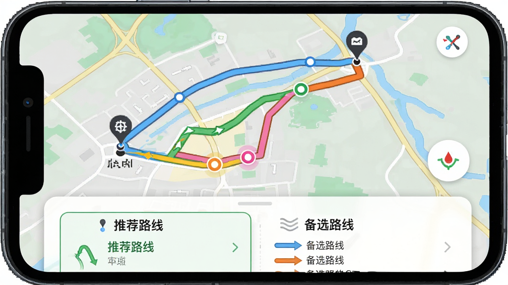 主体:高度地图导航免费版在手机上的路线规划界面,显示多条不同颜色的路线供选择。布局:手机屏幕特写,地图上清晰标注起点、终点和三条对比路线。排版:屏幕底部有路线详情卡片,标注“推荐路线”、“备选路线”字样。风格:直观清晰,UI设计现代。画质:高清,色彩鲜明,无多余元素。