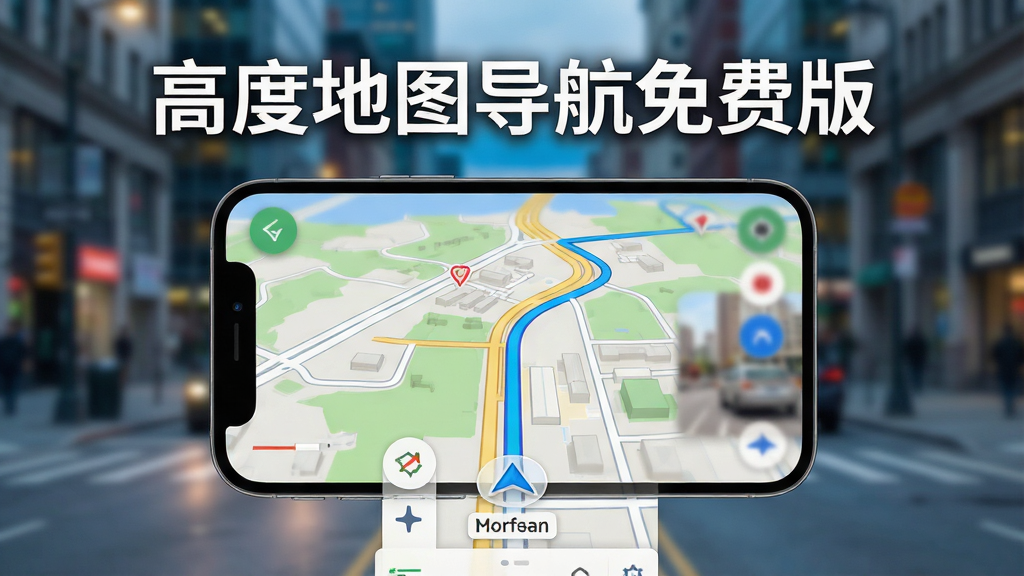 主体:智能手机屏幕展示高度地图导航免费版界面,界面显示清晰的道路地图与蓝色导航路线。布局:手机位于画面中央,背景为模糊的城市街景。排版:突出手机屏幕中的导航画面,上方显示“高度地图导航免费版”字样。风格:现代科技感,色彩明亮,细节丰富。画质:超高清,干净,无多余元素。