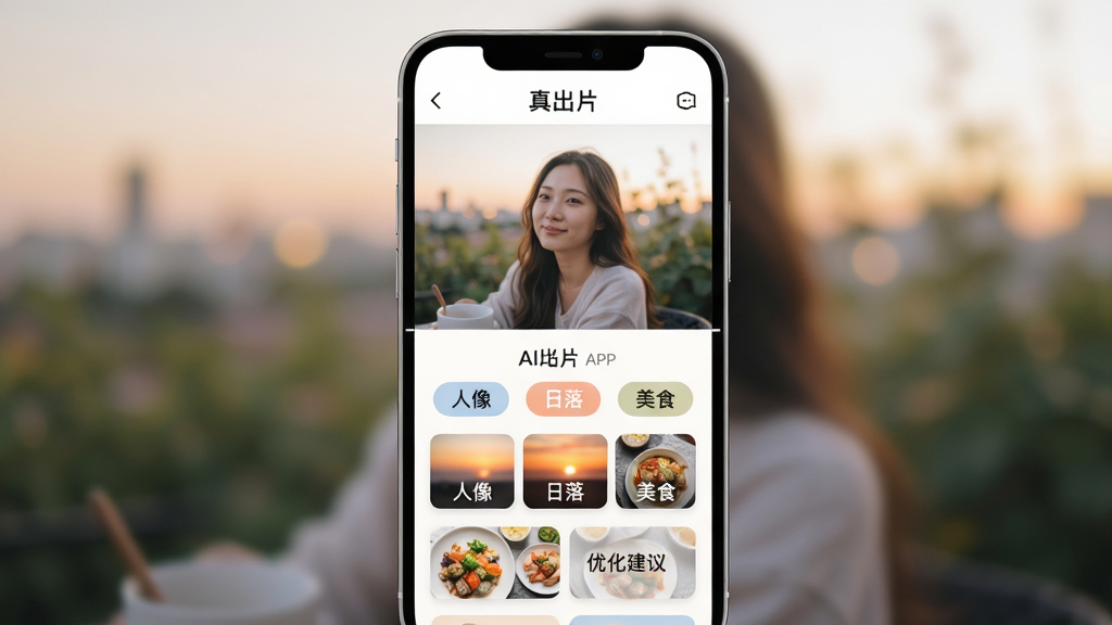 真出片APP界面展示AI场景识别功能,手机屏幕分割为上下两部分,上方是原始照片,下方是AI自动识别出的场景标签(如“人像”“日落”“美食”)及对应的优化建议,界面以卡片式布局呈现,色彩柔和,背景虚化,产品名称“真出片”出现在屏幕顶部,画质细腻干净,无多余元素