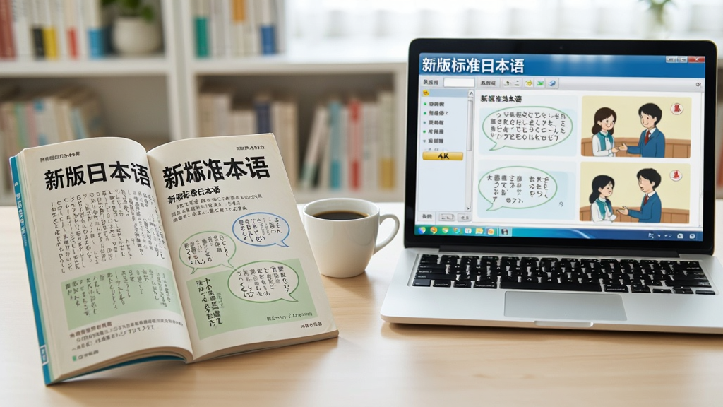 主体:一本打开的《新版标准日本语》教材放在书桌上,旁边有一台笔记本电脑,屏幕上显示着软件界面,界面中有日文假名和对话场景插图;布局:教材与电脑形成视觉焦点,背景为明亮的书房环境;排版:画面左侧为实体书,右侧为电脑屏幕,中间留白区域点缀一杯咖啡;风格:写实风格,光线柔和自然;细节:电脑屏幕上有清晰的“新版标准日本语”字样,书页上有日文对话气泡;画质:4K高清,画面干净整洁,无多余元素。