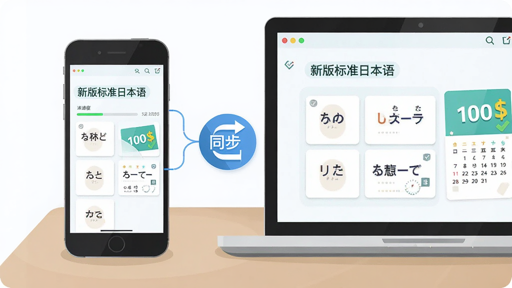 主体:一部智能手机和一台笔记本电脑并排放在桌面上,手机和电脑屏幕上都显示着《新版标准日本语》的学习界面,界面上有日语单词卡片;布局:手机在左,电脑在右,屏幕朝向观看者;排版:画面中央为“同步”图标,连接手机与电脑;风格:科技感扁平插画风格;细节:屏幕上有“新版标准日本语”字样,界面中有进度条和打卡日历;画质:高清,画面整洁,无多余元素。