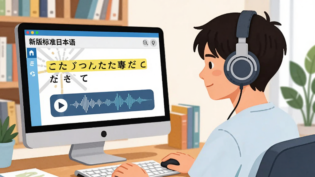 主体:一位年轻人戴着耳机坐在书桌前,电脑屏幕上显示《新版标准日本语》软件的课文点读界面,界面中有高亮的日文句子和音频波形图;布局:人物侧身坐在画面右侧,电脑屏幕朝向镜头;排版:前景为人物和耳机,背景为书架和绿植;风格:现代简约插画风格,色彩明快;细节:屏幕上有“新版标准日本语”字样,波形图上有播放按钮;画质:高清,画面干净,无多余元素。
