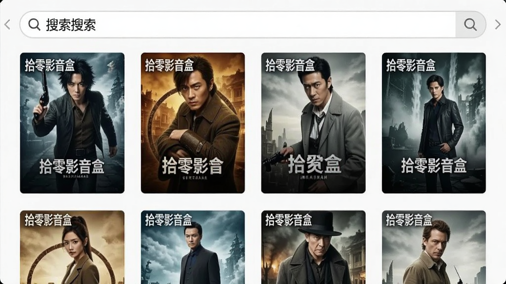 一张展示软件搜索功能的截图,界面顶部为搜索框,下方以网格布局显示多个影片封面,封面左上角标注