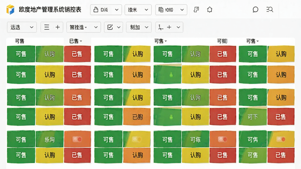 欧度地产管理系统销控表界面,彩色房源状态格子排列整齐,绿色代表可售、黄色代表认购、红色代表已售,顶部有筛选工具条,界面简洁明快,商务风格,画质清晰,无多余元素