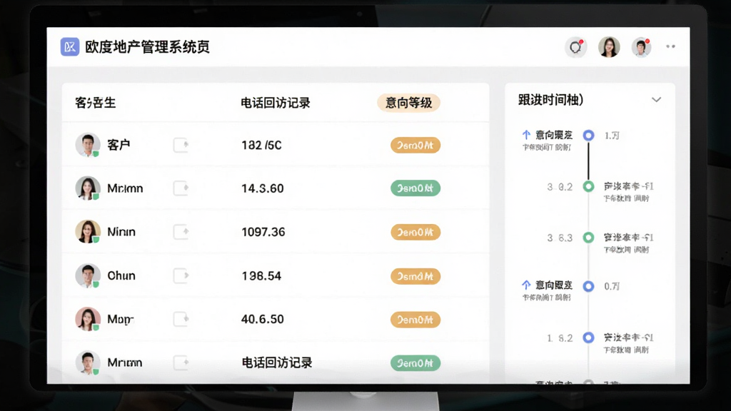 欧度地产管理系统客户跟进页面,显示客户列表、电话回访记录、意向等级标签,右侧有跟进时间轴,整体设计简洁清爽,色彩柔和,突出数据可视化,画质高清,无多余元素
